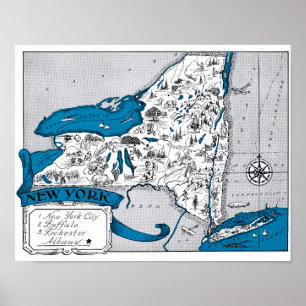 Vintage New York State Map Coastal Decor Art Print Poster