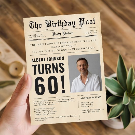 Vintage Newspaper 60th Milestone Birthday Photo Einladung
