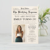 Vintage Newspaper Fun Photo 25th Birthday Party Einladung (Stehend Vorderseite)