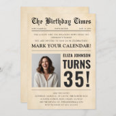Vintage Newspaper Fun Photo 35th Birthday Party Einladung (Vorne/Hinten)