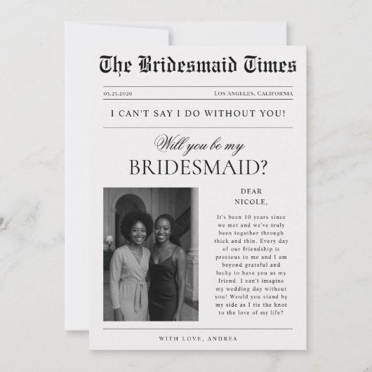 Vintage Newspaper Style Photo Bridesmaid Proposal Einladung (Vorderseite)