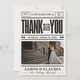Vintage Newspaper Wedding Thank You Card with QR Dankeskarte
