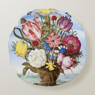 Vintage niederländische Blumen-Stillleben aus dem Rundes Kissen