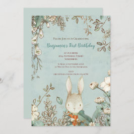Vintage Niedliche Bunny Floral Blätter 1. Geburtst Einladung