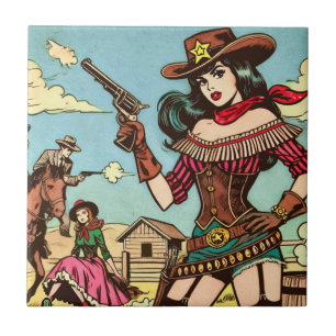 Vintage Niedliche Cowgirl-Comicen Fliese