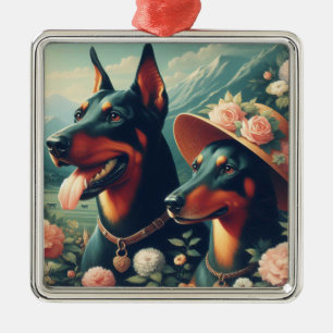 Vintage Niedliche Doberman-Malerei Ornament Aus Metall