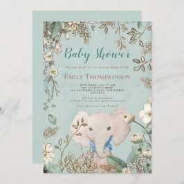 Vintage Niedliche Elephant Botanical Green Baby Du Einladung