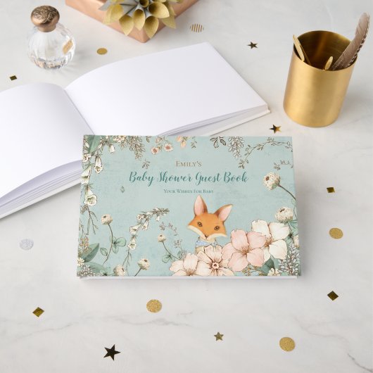 Vintage Niedliche Fox Botanische Wünsche für Babyd Gästebuch (Vorderseite Offen)