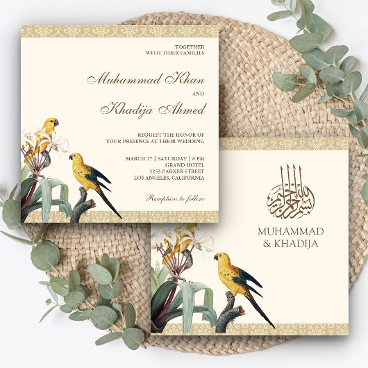 Vintage Niedliche Gelbe Papageien Islamische Hochz Einladung