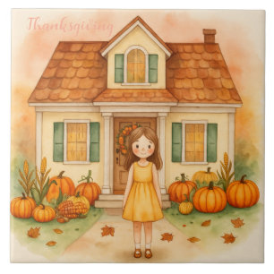 Vintage, Niedliche Girl- und Harvest-Pumpkins Fliese