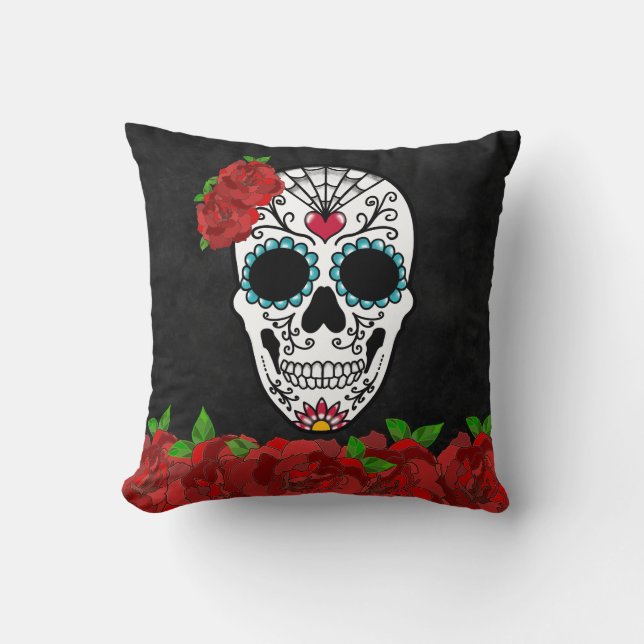 Vintage Niedliche Girly Sugar Skull-Rote Rosen Kissen (Vorderseite)