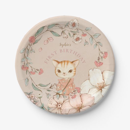Vintage Niedliche Katzen Blume Girl Blush Pappteller (Vorderseite)