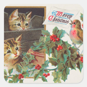 Vintage Niedliche Katzen und Vögel Frohen Weihnach Quadratischer Aufkleber