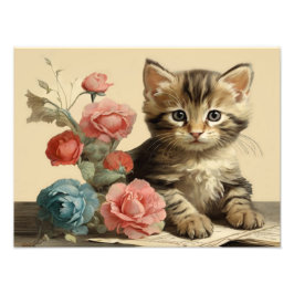 Vintage Niedliche Kitten Portrait Soft Color Blume Fotodruck