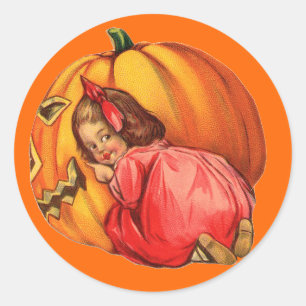 Vintage Niedliche Kleine Mädchen und Halloween Pum Runder Aufkleber