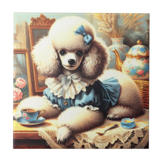 Vintage Niedliche Poodle-Malerei Fliese (Vorderseite)