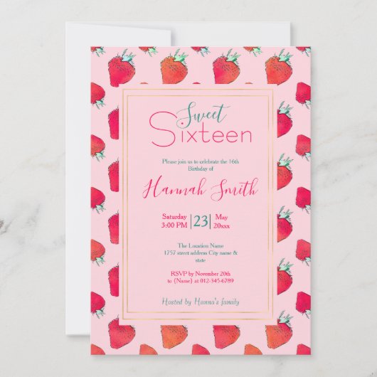 Vintage Niedliche Rote Erdbeeren Giralrosa Muster Einladung (Vorderseite)