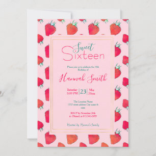 Vintage Niedliche Rote Erdbeeren Giralrosa Muster Einladung