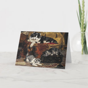 Vintage Niedliche Schwarz-Weiß-Katze mit Kätzchen Karte