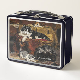 Vintage Niedliche Schwarz-Weiß-Katze mit Kätzchen Metall Brotdose