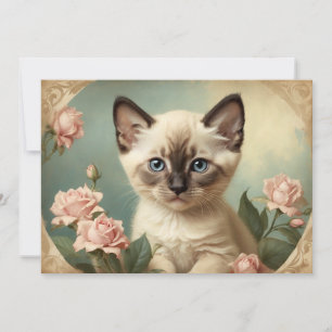 Vintage Niedliche Siam Kitten Portrait Blume Sweet Feiertagskarte
