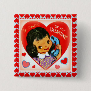 Vintage Niedliche Valentine Kleine Girl and Hearls Button