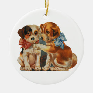 Vintage Niedliche Valentinin-Liebe, zwei Hunde Mut Keramik Ornament