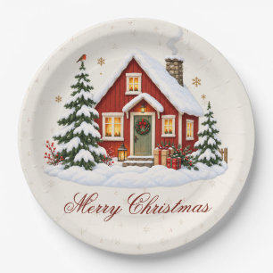 Vintage nordisches Weihnachts-Cottage-Feierparty Pappteller