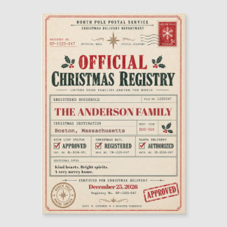 Vintage North Pole Registry Weihnachten Magnetkarte