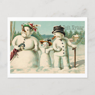 Vintage norwegisches Neujahr mit Schneemannfamilie Postkarte