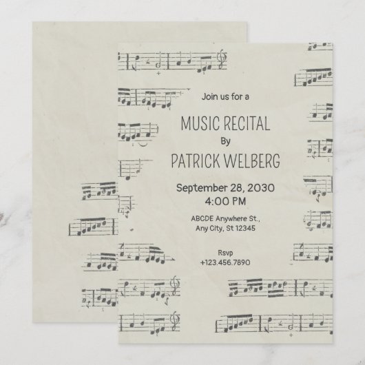 Vintage Noten Einladung (Vorne/Hinten)