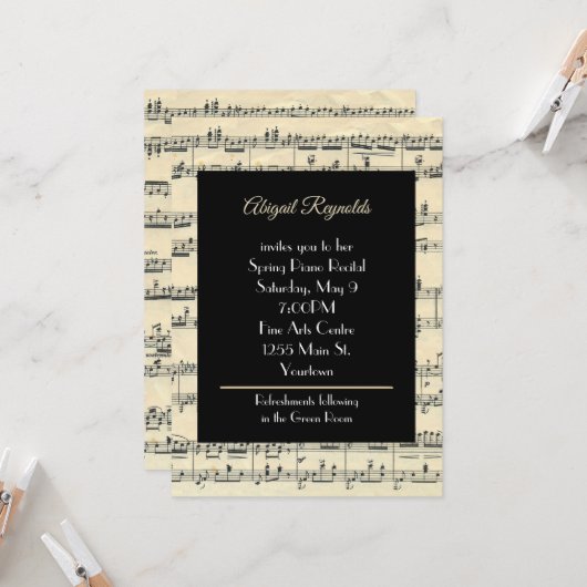 Vintage Noten für Piano Erwägungsgrund Einladung (Vorderseite/Rückseite Beispiel)