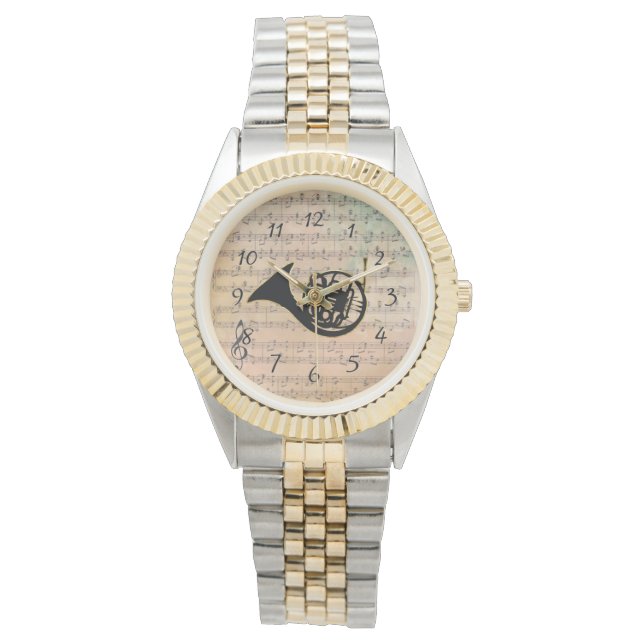 Vintage Noten mit französischem Horn Armbanduhr (Vorderseite)