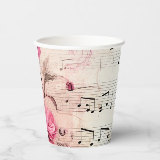 Vintage Noten und Rose Pappbecher (Vorderseite)