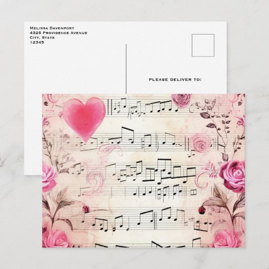 Vintage Noten und Rose Postkarte (Vorne/Hinten)