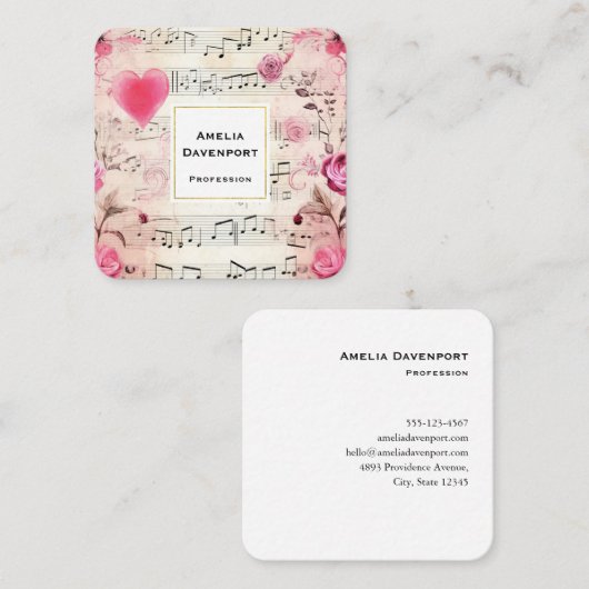 Vintage Noten und Rose Quadratische Visitenkarte (Vorne/Hinten)