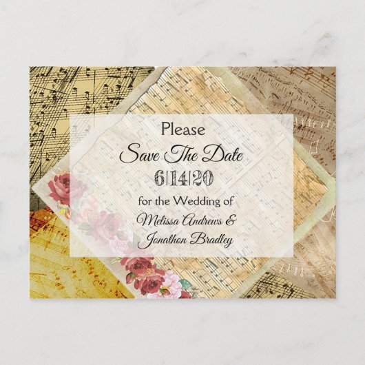 Vintage Noten und Rose Save the Date Postkarte (Vorderseite)