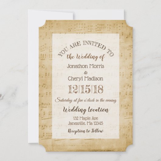 Vintage Notenmusikhochzeit Einladung (Vorderseite)