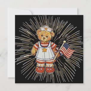 Vintage Nurse Bear with Modern White Fireworks Einladung