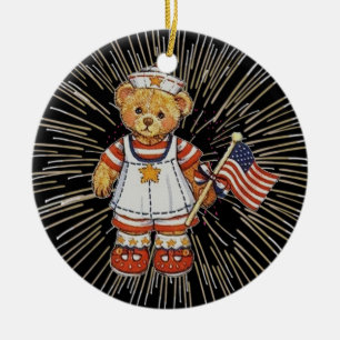 Vintage Nurse Bear with Modern White Fireworks Keramikornament