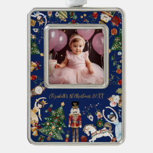 Vintage Nussknacker Baby 1. erstes Weihnachten Fot Rahmen-Ornament Silber