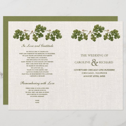 Vintage Oak-Blätter Burlap Burlap Hochzeitsprogram (Vorne/Hinten)