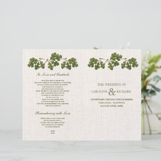 Vintage Oak-Blätter Burlap Burlap Hochzeitsprogram (Stehend Vorderseite)