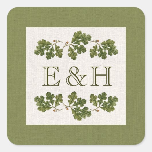 Vintage Oak Tree Blätter Monogram Wedding Quadratischer Aufkleber (Vorderseite)