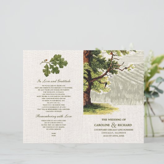 Vintage Oak Tree Burlap Hochzeitsprogramme (Stehend Vorderseite)