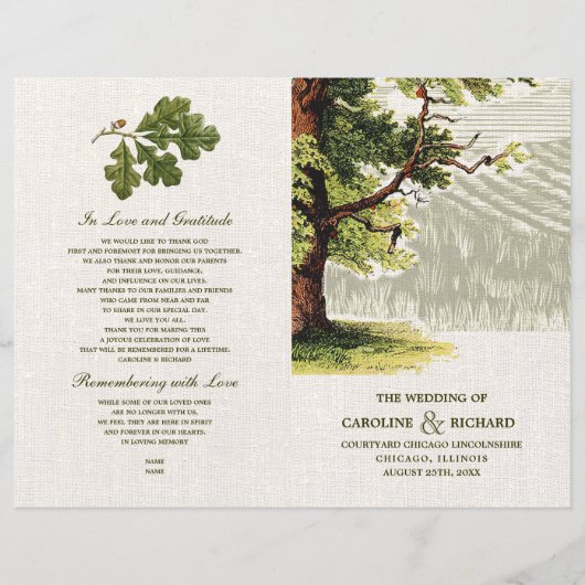 Vintage Oak Tree Burlap Hochzeitsprogramme (Vorderseite)
