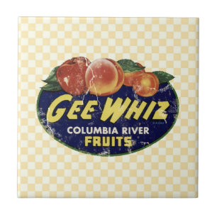 Vintage Obstlabel Pfirsiche, Funny Gee Whiz Fliese