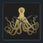 Vintage Octopus Gold Black Ink Coastal Nautical Quadratische Wanduhr<br><div class="desc">Retro vintage octopus illustration in metallic antiqued gold faux foil on black. Personalize with your own custom inspirational quote,  motivational message,  saying,  lyrics,  monogram,  or names! You can also transfer our ocean octopus art to many other products and accessories to create a unique customized coastal look.</div>
