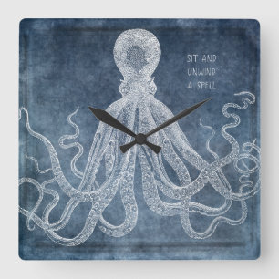 Vintage Octopus Twilight Blue Watercolor Quote Quadratische Wanduhr