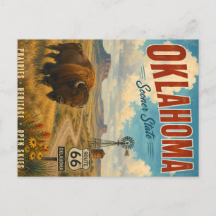 Vintage Oklahoma-Reiseposter mit Bison und Route Feiertagspostkarte